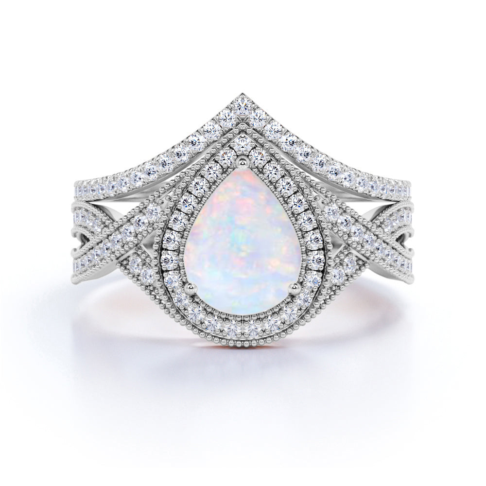 1.75 Ct Pear Cut Lab Created Opal Antique Bridal Set