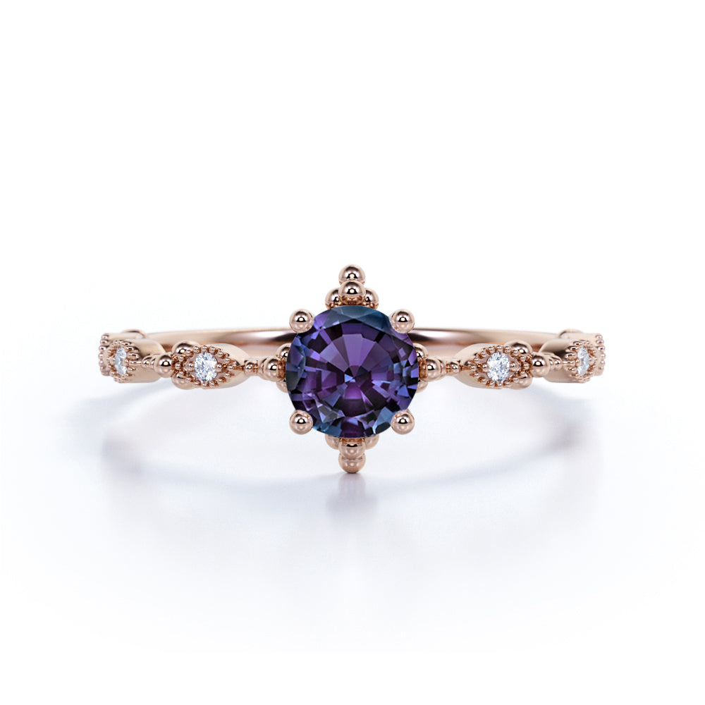 Vintage 0.75 Ct Round Lab Alexandrite Engagement Ring