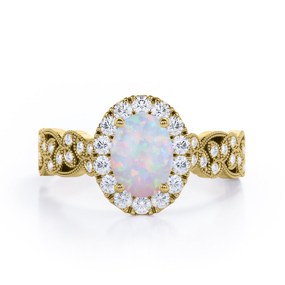 Milgrain Leaf 0.9 carat Oval Opal and Diamonds Nature-Inspired Engagement Ring in White Gold