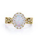 Milgrain Leaf 0.9 carat Oval Opal and Diamonds Nature-Inspired Engagement Ring in White Gold