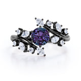 Modern Art Deco 0.85 Carat Round Cut Lab Created Alexandrite Nature Inspired Floral Engagement Ring