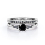 Three-Stone Prong 1.35 TCW Round Cut Lab Created Black Diamond Lattice Bridal Ring Set in White Gold