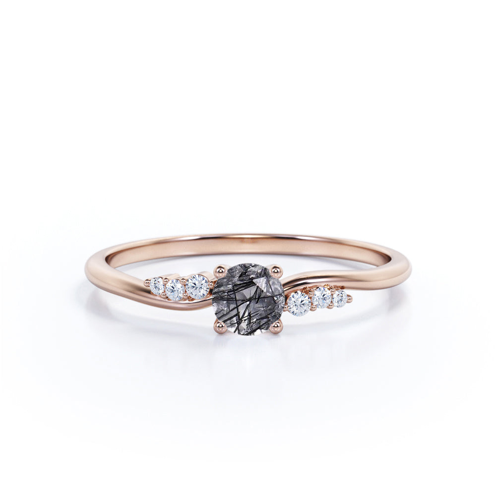 Bypass Prong Setting 0.65 Carat Round Cut Natural Dendritic Black Rutilated Quartz and Diamond 7 Stone Promise Ring - Engagement Ring