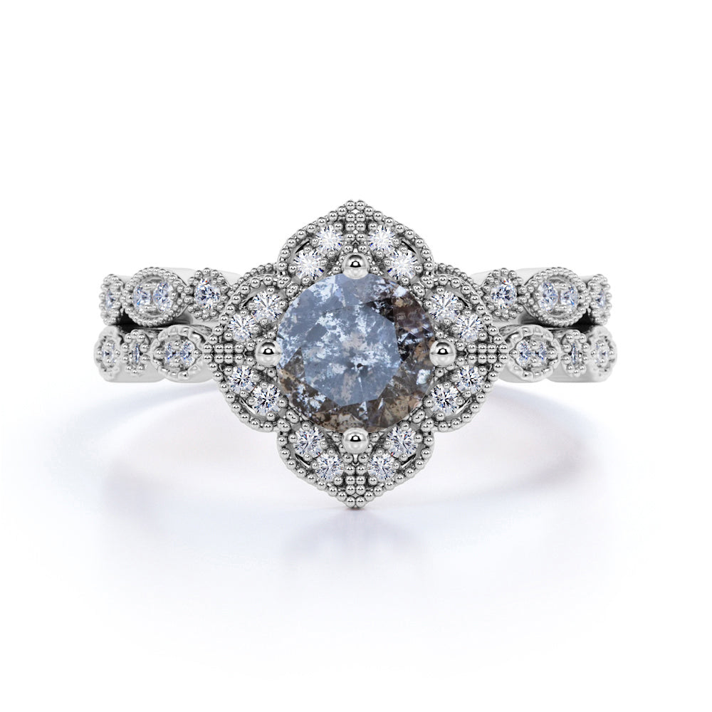 1.25 Ct Round Salt and Pepper Diamond Floral Wedding Ring Set
