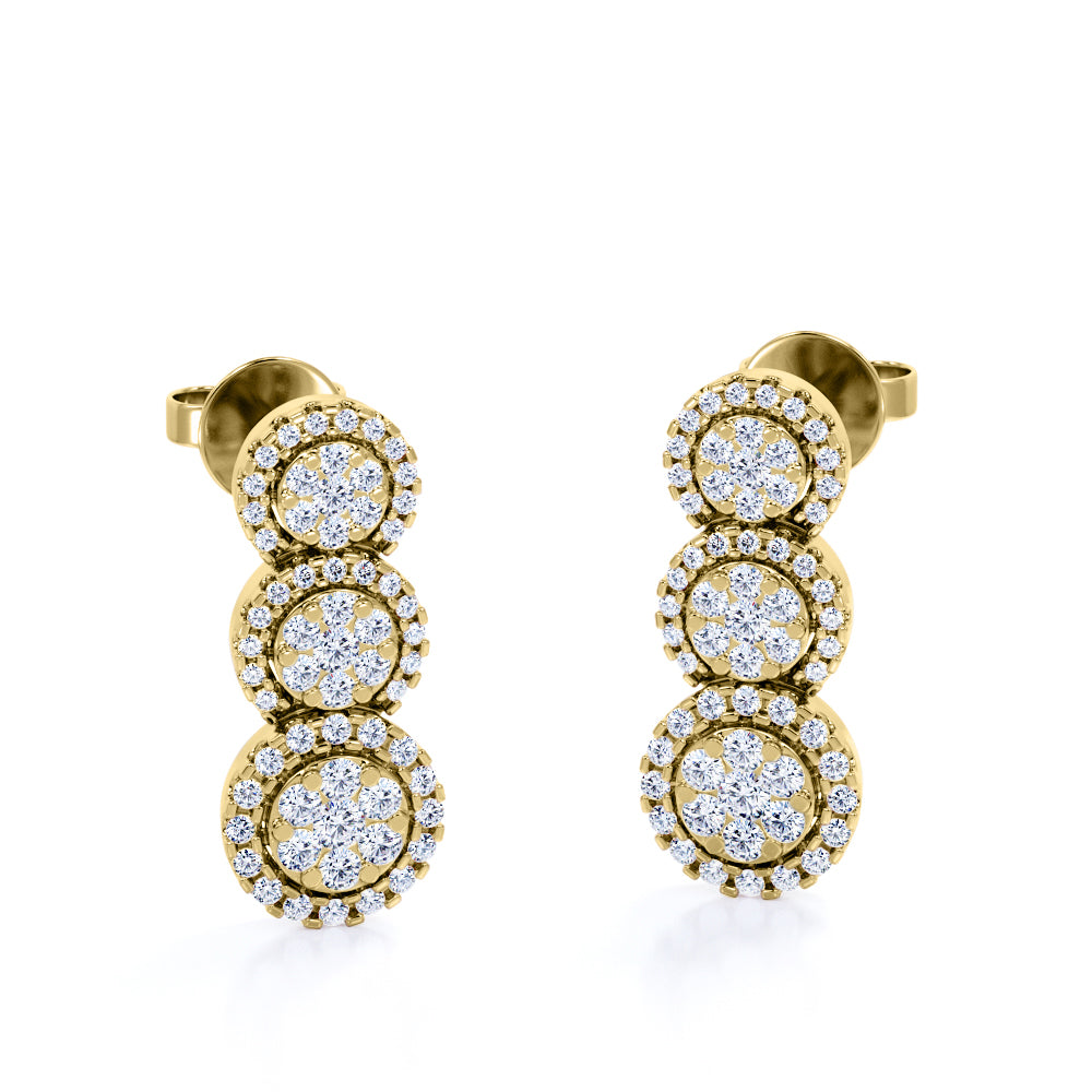 Trilogy 0.45 Carat Round Cut Moissanite Graduated Stones Halo Layer Drop Earrings In Rose Gold