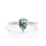 Lovely Half Bezel 1.50 Carat Teardrop Shape Banded Moss Green Agate and Diamond Pave Minimalist Engagement Ring
