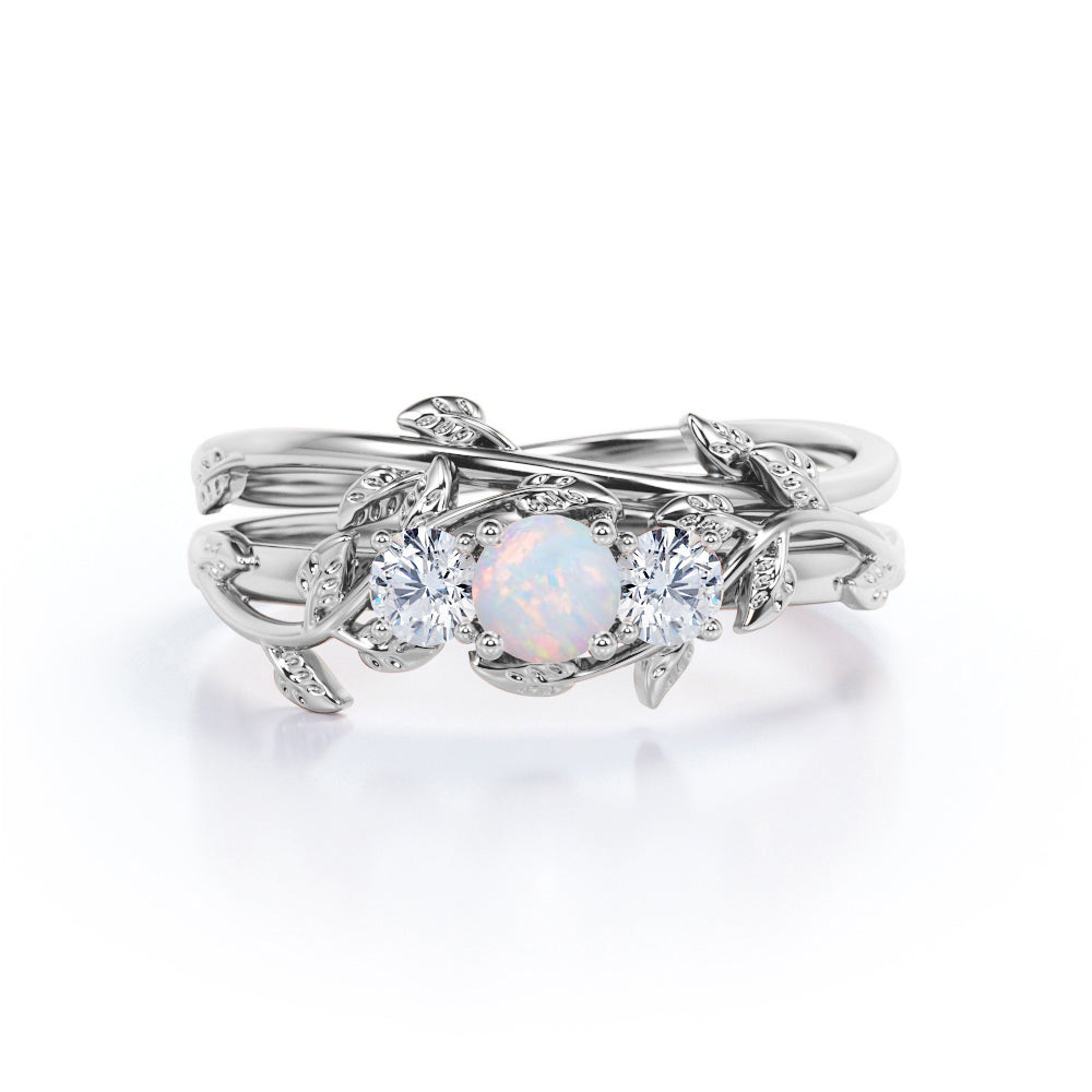 Floral Art Deco 1.15 Carat Round Cut Natural Opal And Diamond 3 Stone Nature Inspired Wedding Ring Set In White Gold