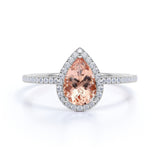 1.50 Carat Pear Cut Real Peach Pink Morganite Halo Engagement Ring in 18k White Gold over Silver