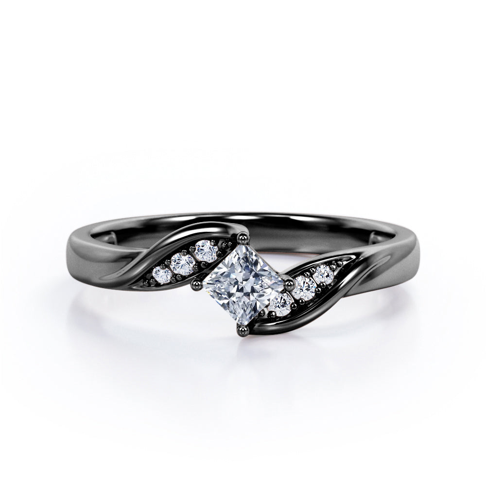 Twisted 7 Stone Ring - 0.55 carat Princess Moissanite and Diamond Elegant Engagement Ring in Rose Gold