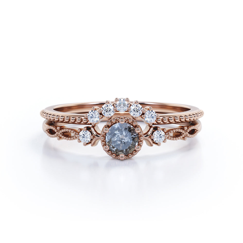 0.53 Ct Round Salt and Pepper Diamond Vintage Wedding Ring Set