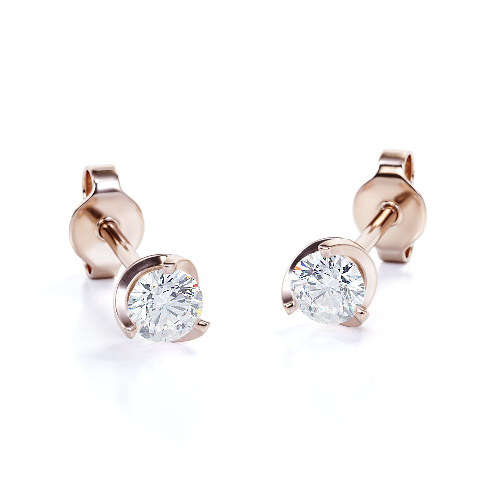 Single Stone 1 Carat Round Certified Moissanite Martini Set with Tension Back Stud Earrings in Yellow Gold