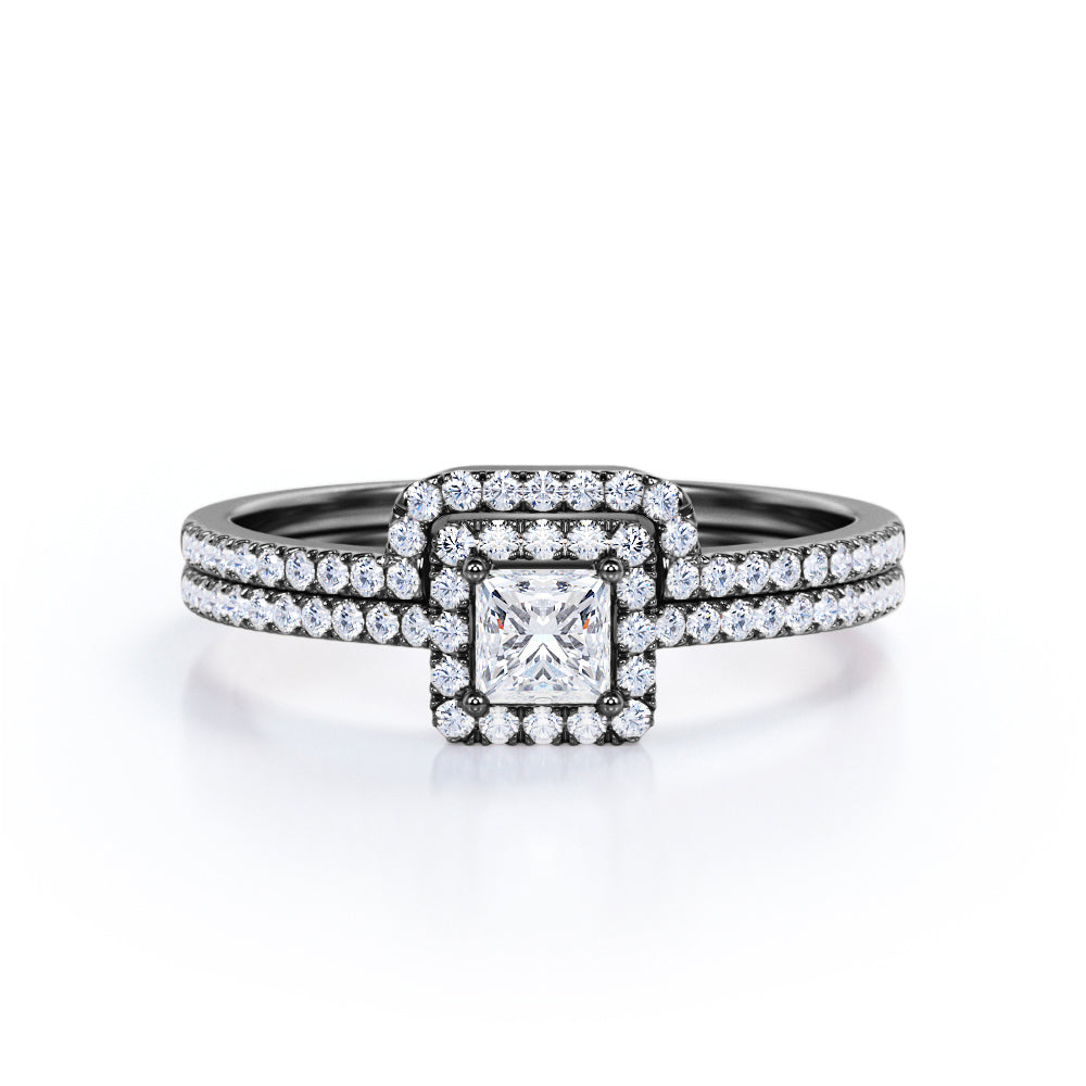 Half Eternity Pave 0.95 Carat TDW Princess Cut Diamond Halo Wedding Ring Set In White Gold.
