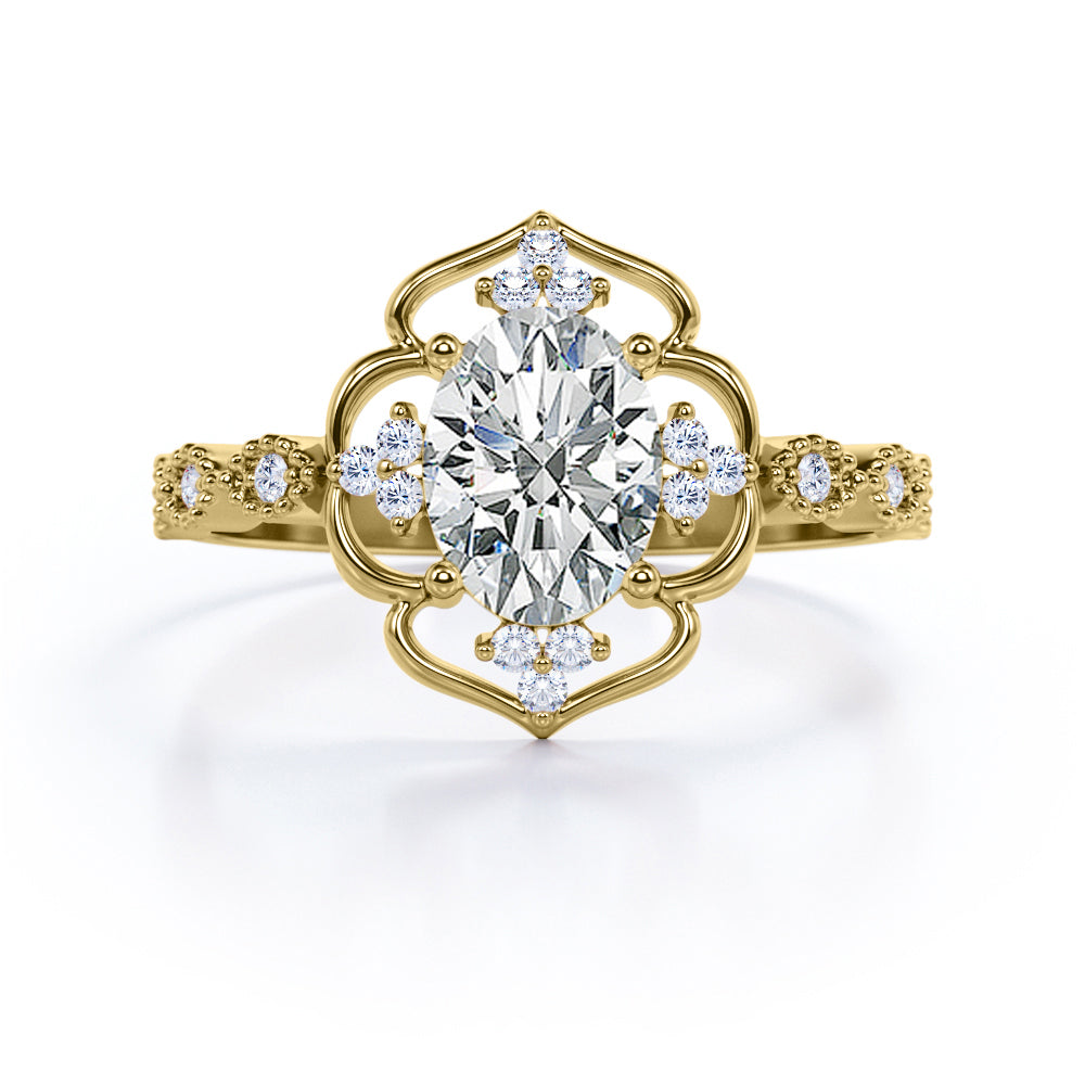 Contorted Vintage Flower 0.7 carat Oval Moissanite and Diamond Anniversary Ring in Rose Gold