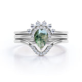 Crown Bezel Set 1 Carat Teardrop Shape Genuine Druzy Moss Green Agate and Matching Diamond Pave Band Trio Ring Sets