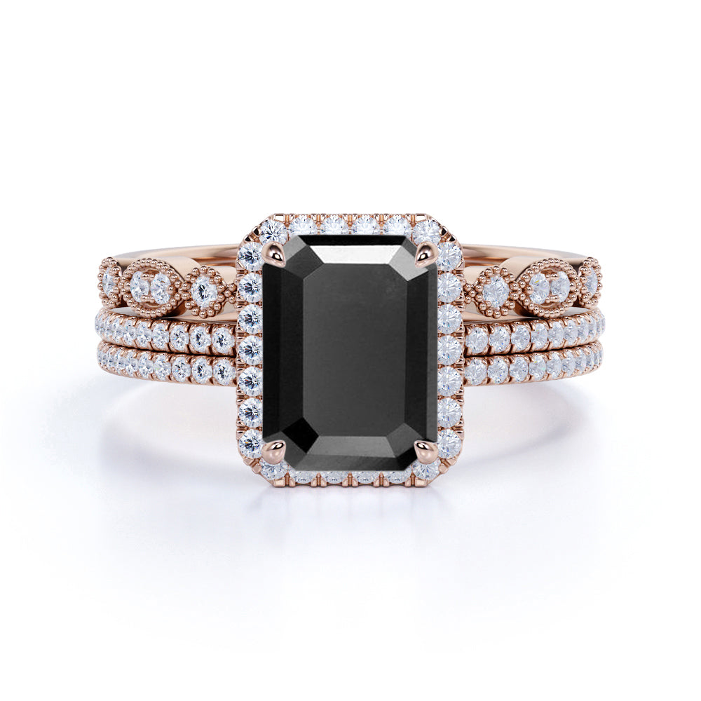 Affordable 2 Carat Emerald cut Lab Black Diamond Antique Wedding Trio Ring Set in White Gold