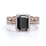 Affordable 2 Carat Emerald cut Lab Black Diamond Antique Wedding Trio Ring Set in White Gold