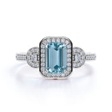 Perfect 1.50 Carat emerald cut Aquamarine and Diamond Halo Engagement Ring in Rose Gold