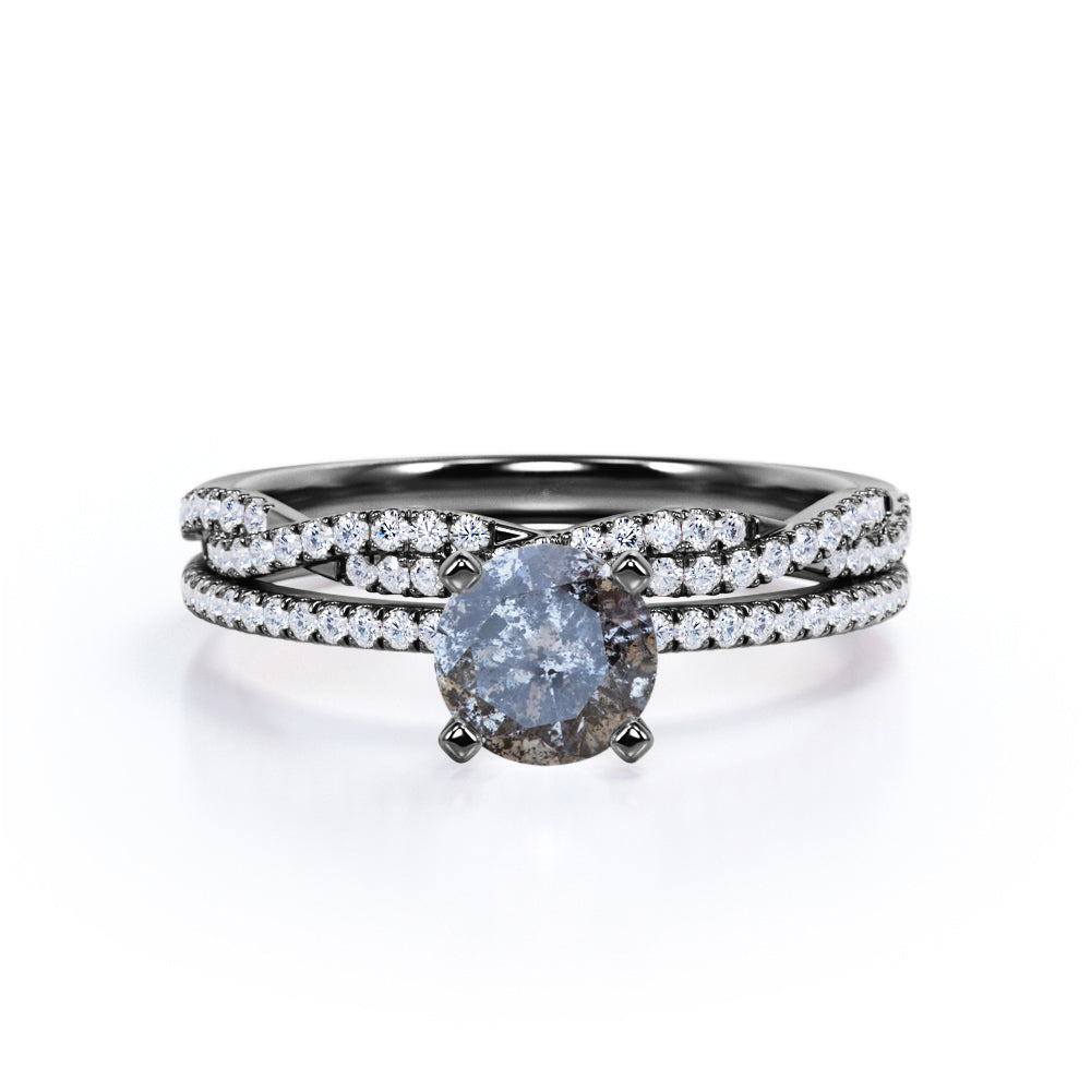 Pave 0.70 Ct Round Cut Salt and Pepper Diamond Wedding Ring Set