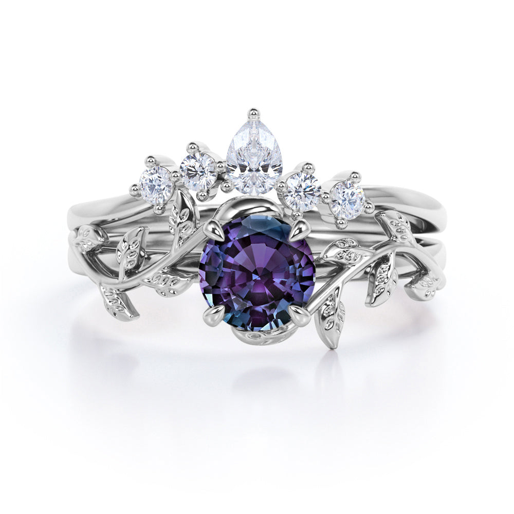 Nature Inspired 1.20 Carat Round Cut Lab Created Alexandrite And Diamond Leaf Vine Art Wedding Ring Set In White Gold For Her