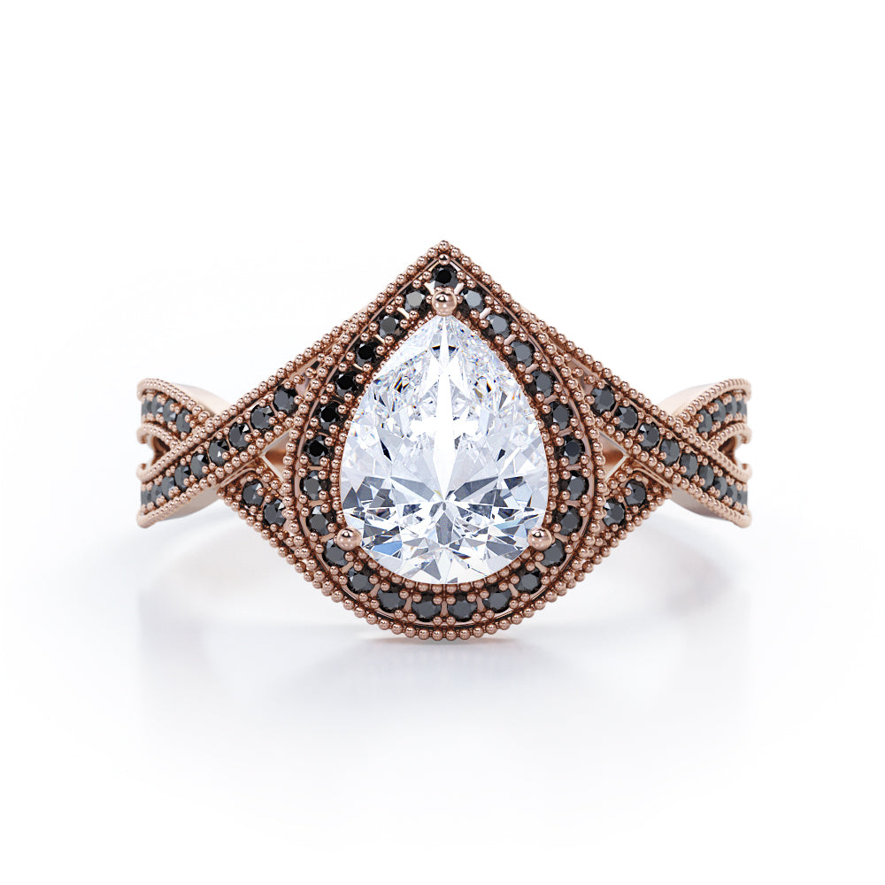 Milgrain Pave Channel - 1.5 TCW Teardrop Moissanite with Lab Created Black Diamond - Halo Design Engagement Ring in White Gold