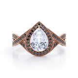 Milgrain Pave Channel - 1.5 TCW Teardrop Moissanite with Lab Created Black Diamond - Halo Design Engagement Ring in White Gold