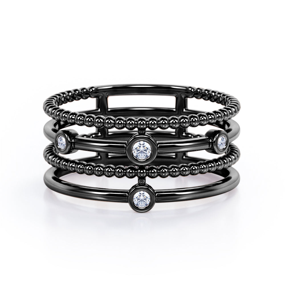 Quadruple Band - 0.80 TCW Round Brilliant Cut Diamond - Bezel and Beaded Stackable Ring - Rose Gold