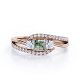 Shared Prongs 1 carat Princess Green Moss Agate and Moissanite Split Shank Band Engagement Ring in Rose Gold