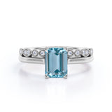 Bestselling 1.25 Carat emerald cut Aquamarine and Diamond Wedding Ring Set in White Gold