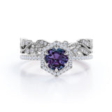Antique Halo Hexagon 2 Carat Round Cut Lab Created Purple Alexandrite and Diamond Milgrain Pave Wedding Ring Sets - Bridal Set Rings in White Gold for Women