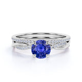 1.5 Carat Round Cut Sapphire and Diamond Bridal Ring Set in 10k White Gold Splendid Ring