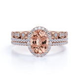 2 Carat Oval Cut Art Deco Morganite and Moissanite Trio Wedding Ring Set in 18k Rose Gold Over Silver