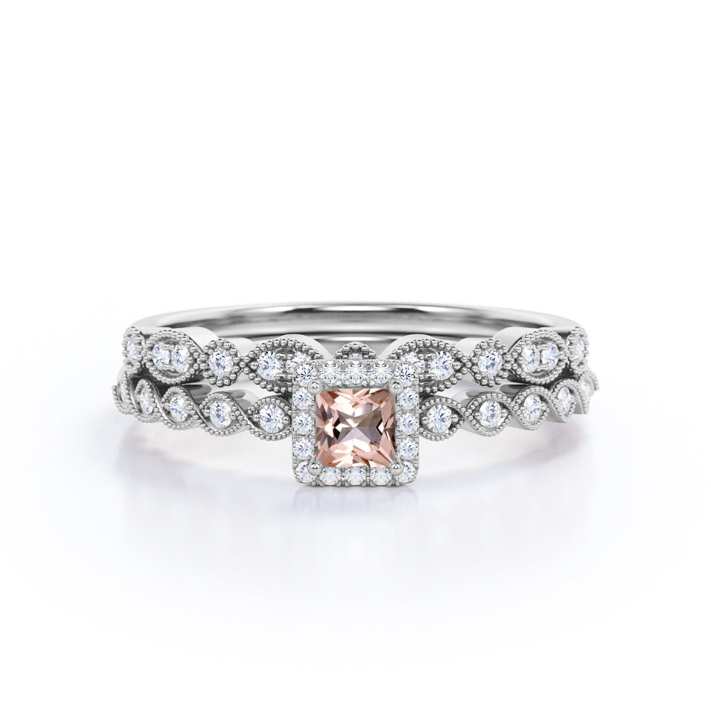 Twisted Rope 0.85 carat Princess Morganite and Moissanite Vintage Bridal Ring Set in Rose Gold