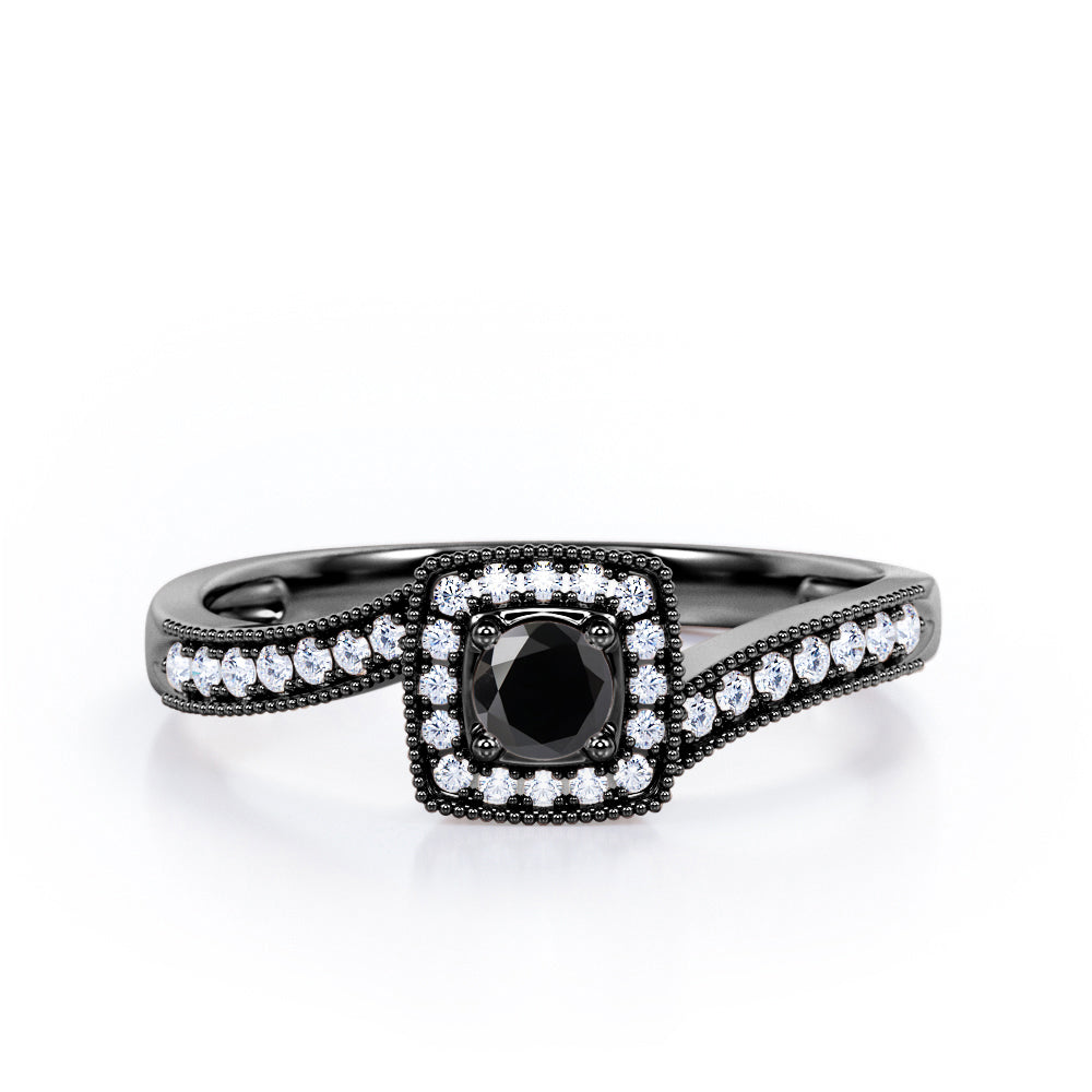 Flush-Prong Halo 1.25 Carat Round Cut Black Diamond Milgrain-Edged Pave Channel Engagement Ring in White Gold