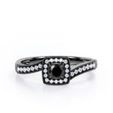 Flush-Prong Halo 1.25 Carat Round Cut Black Diamond Milgrain-Edged Pave Channel Engagement Ring in White Gold
