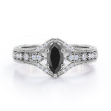 Unique Six Prongs 1.25 Carat Marquise Cut Black Diamond Vintage Filigree Engagement Ring In White Gold