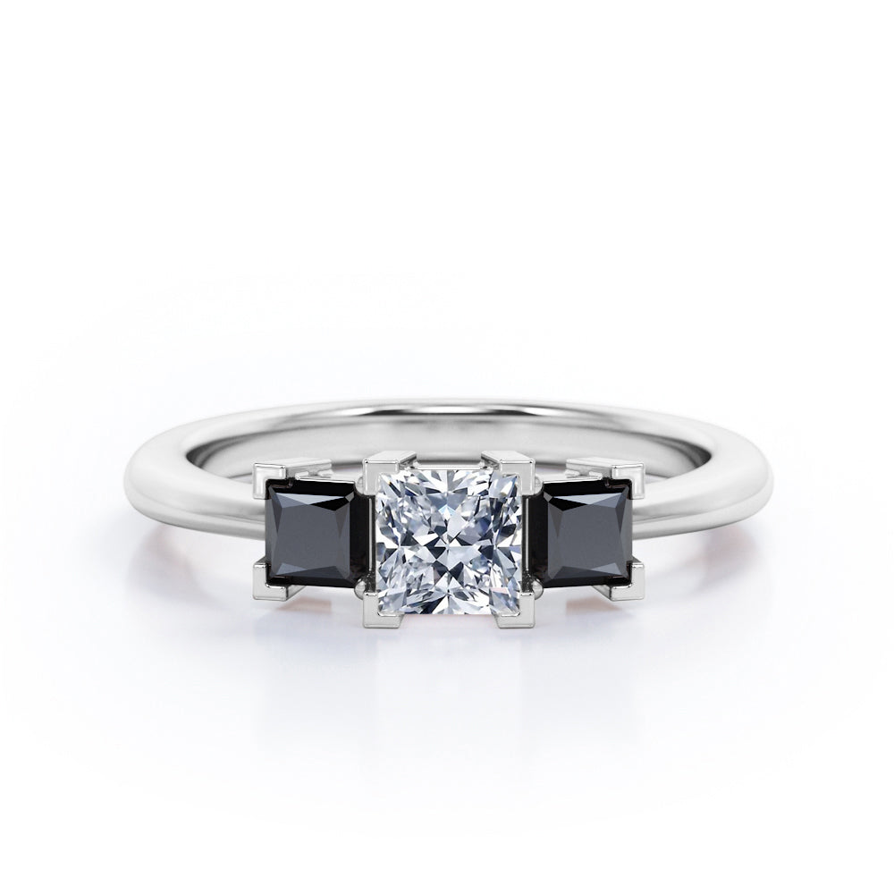 Minimalist Square V-Prong - 1.2 TCW Princess Cut Moissanite with Lab Created Black Diamond - Three-Stone Engagement Ring in Rose Gold