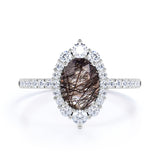 1.50 ct Oval Black Rutilated Quartz Halo Pave Engagement Ring