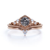 Vintage 0.75 ct Round Cut Black Rutilated Quartz Bridal Set