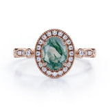 Vintage Halo 1.35 Carat Oval Cut Green Moss Agate And Diamond Art Deco Engagement Ring In Rose Gold