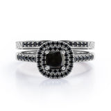 Filigree Scalloped Pave 1.65 TCW Princess Cut Lab Created Black Diamond Double Halo Style Wedding Ring Set in White Gold