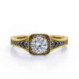 Double Prong Cluster - 1.4 TCW Round Moissanite with Lab Created Black Diamond - Filigree Pave Channel Engagement Ring in Rose Gold