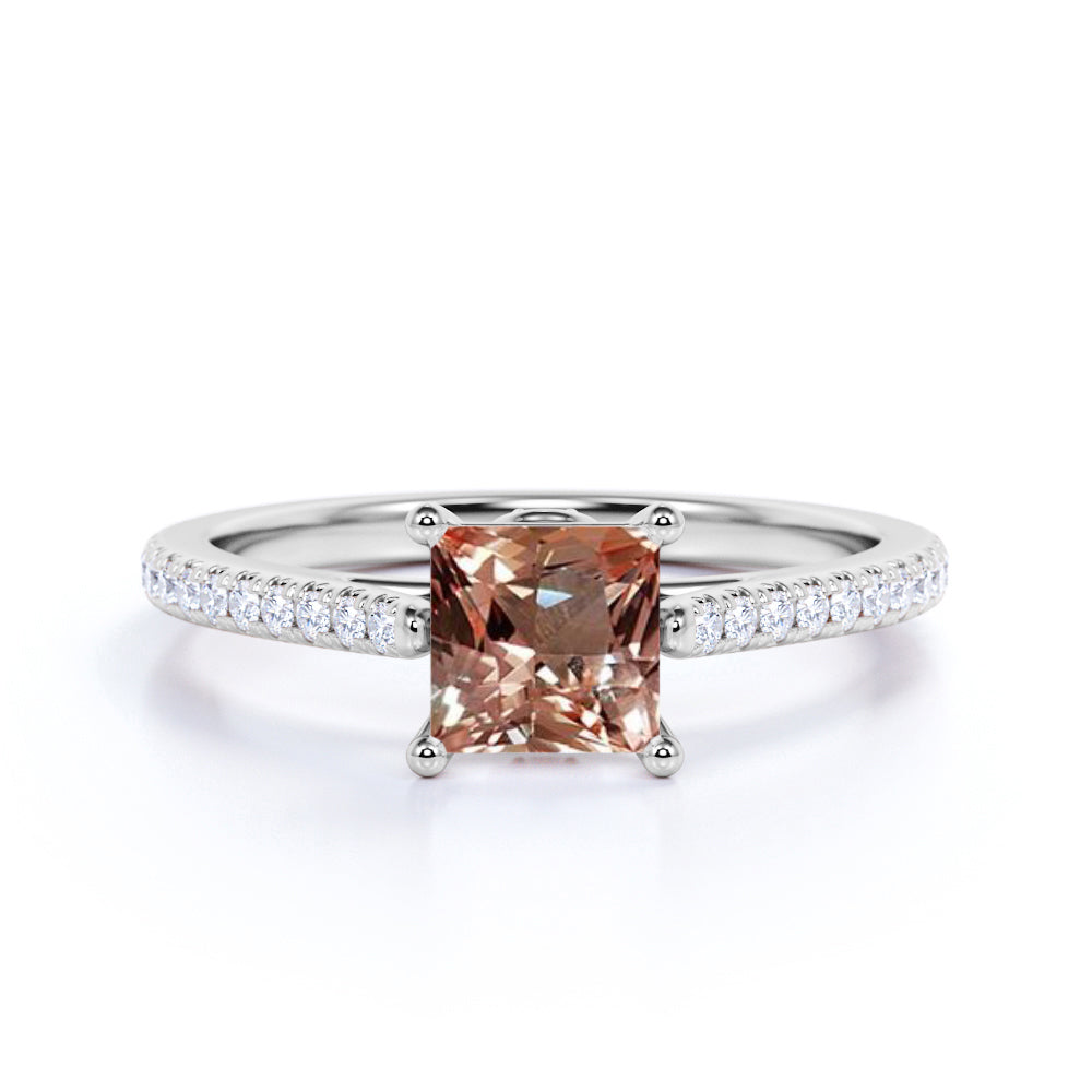 Halo 1.50 Carat emerald cut Morganite and Diamond Engagement Ring in Rose Gold