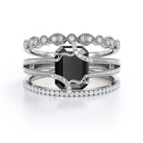 Affordable 1.50 Carat Emerald cut Lab Black Diamond Antique Wedding Trio Ring Set in Rose Gold