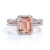 Limited Time Sale: 2 Carat Art Deco emerald cut Morganite and Diamond Halo Wedding Ring Set
