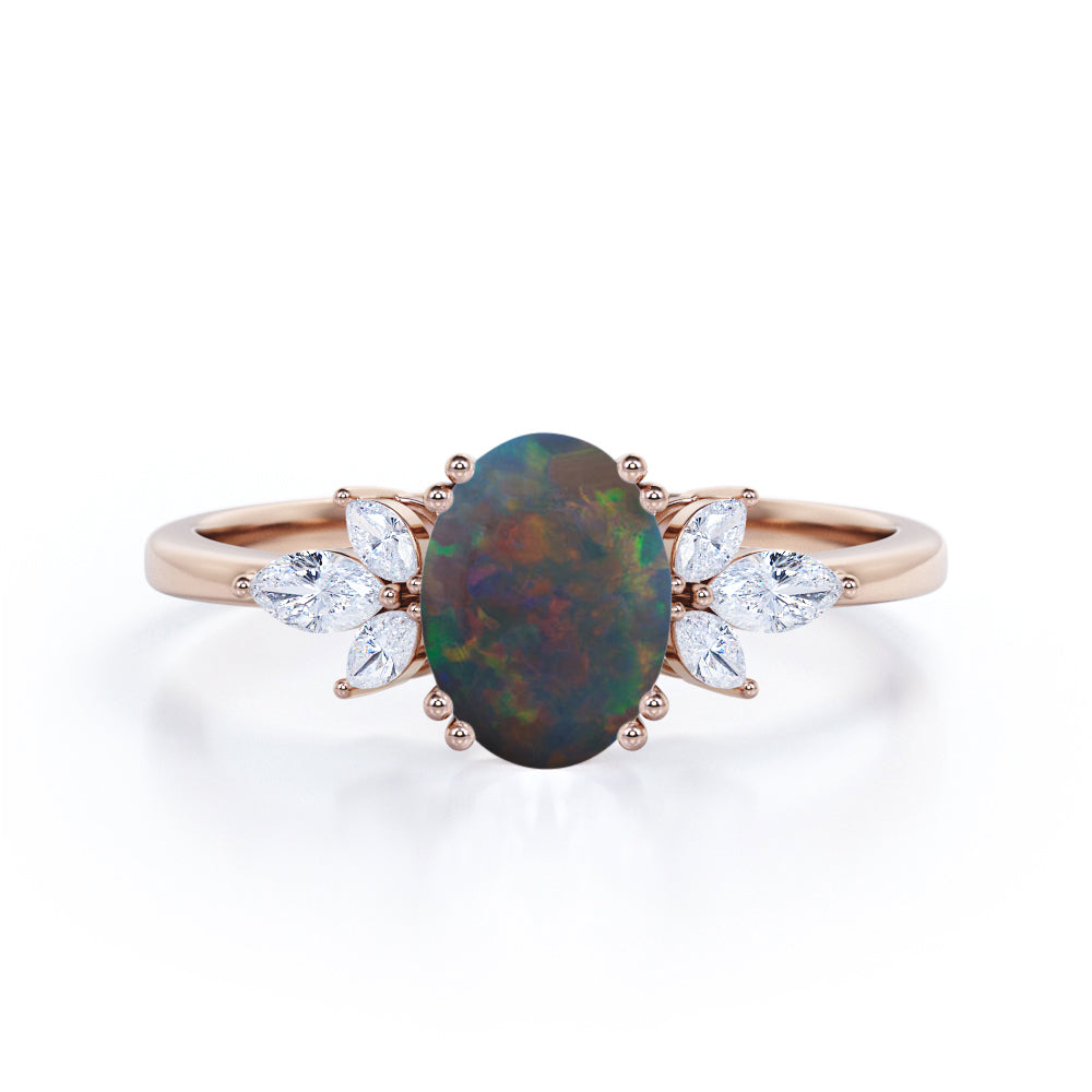 Butterfly style 1.25 Carat Oval Cut Natural Black Fiery Opal And Diamond Nature Inspired Engagement Ring In White Gold