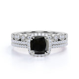 Affordable Antique Artdeco 2 Carat Cushion Cut Lab Black Diamond Halo Wedding Trio Ring Set in White Gold