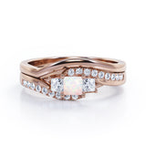 3 Stone Shared Prong - 1 TCW Princess Cut Opal and Moissanite - Pave Curved Shank Wedding Set - White Gold