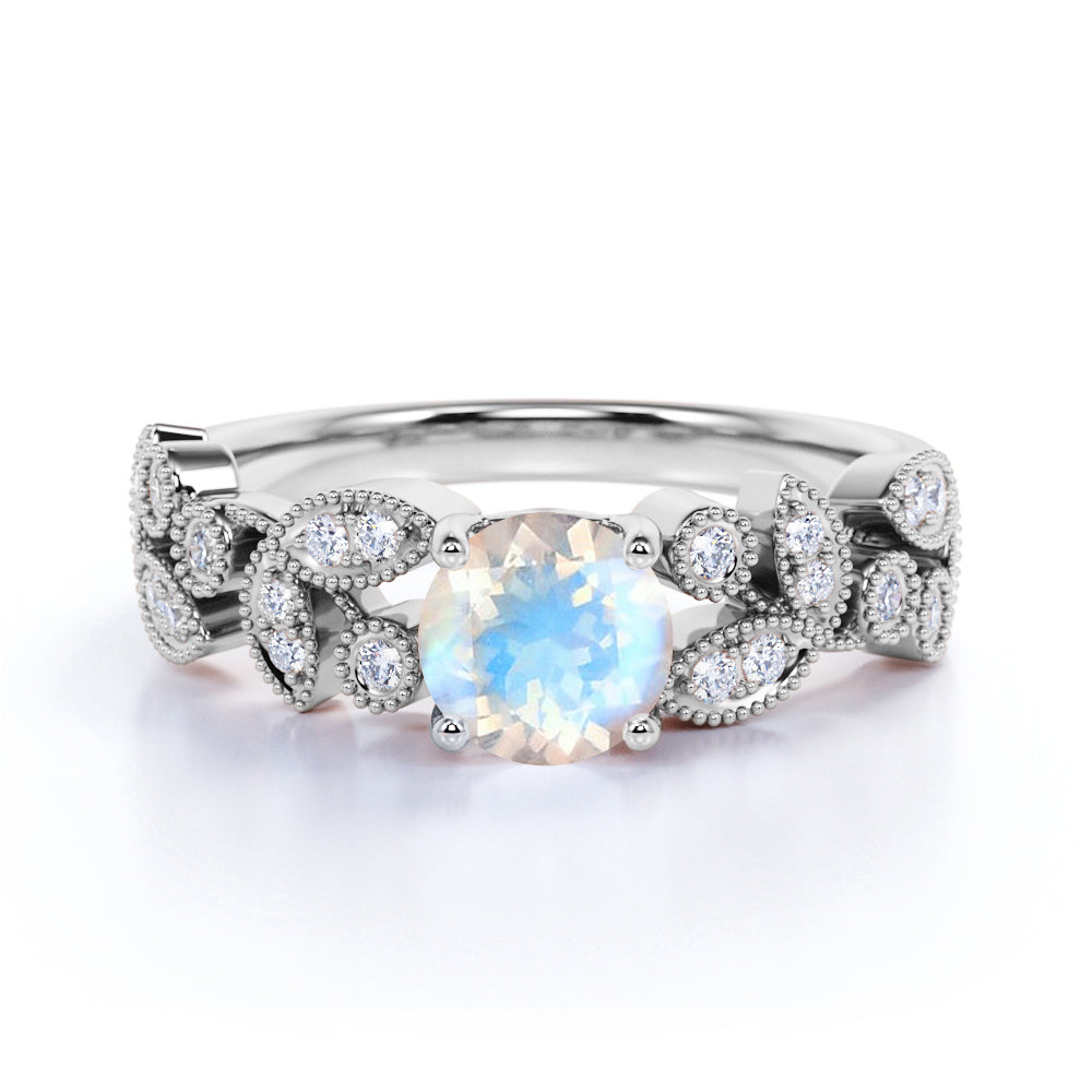 Floral 1.50 Carat Round Blue Flash Moonstone and Diamond Antique Leaf Engagement Ring in Rose Gold