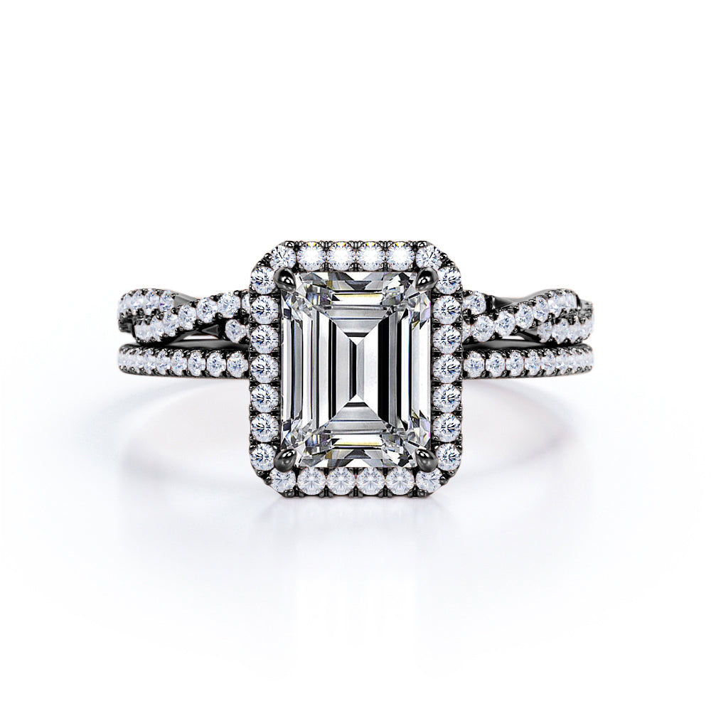 1.50 Carat Emerald Cut Moissanite And Diamond Halo Wedding Ring Set In White Gold