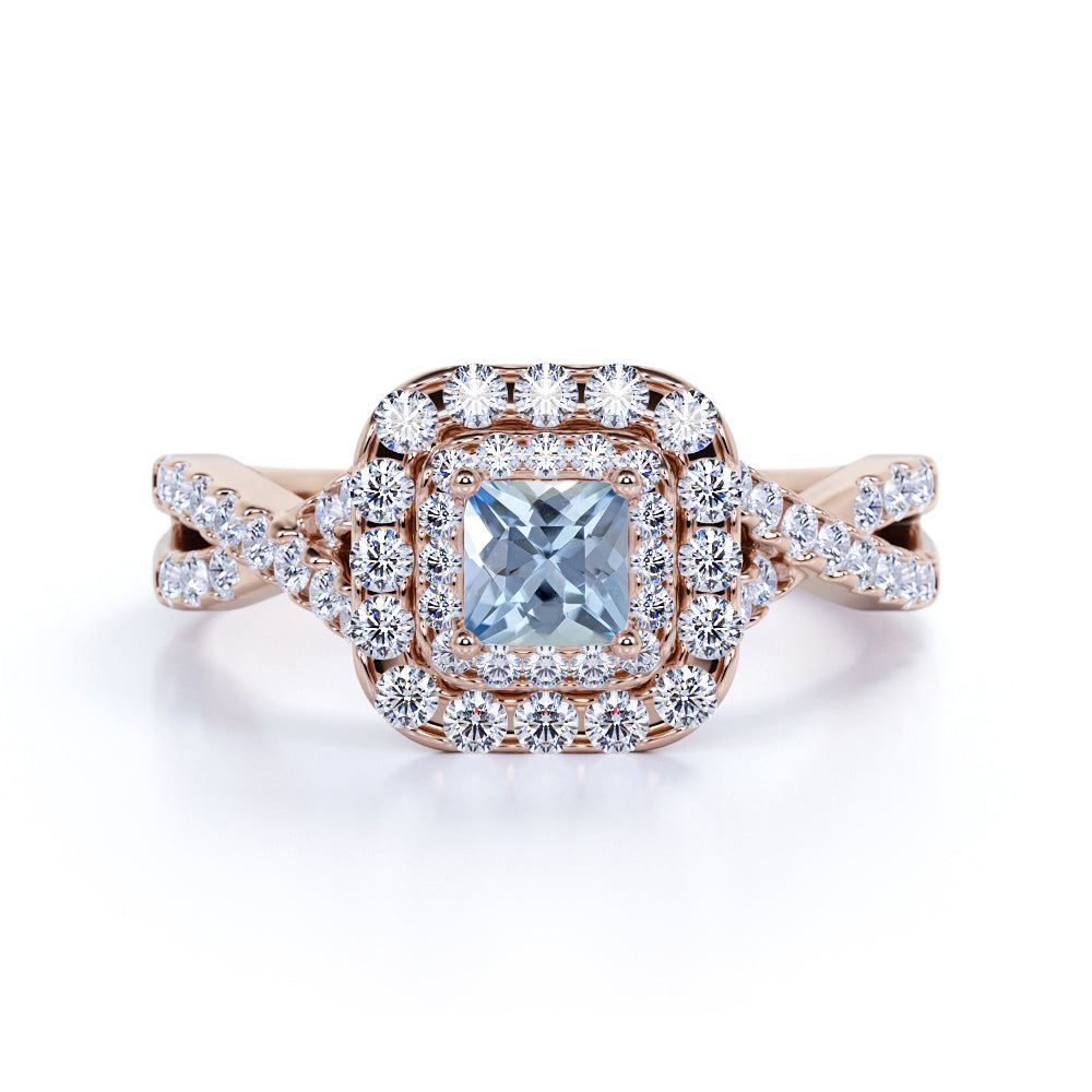 Three Stone 1.50 ct Princess Aquamarine Halo Engagement Ring
